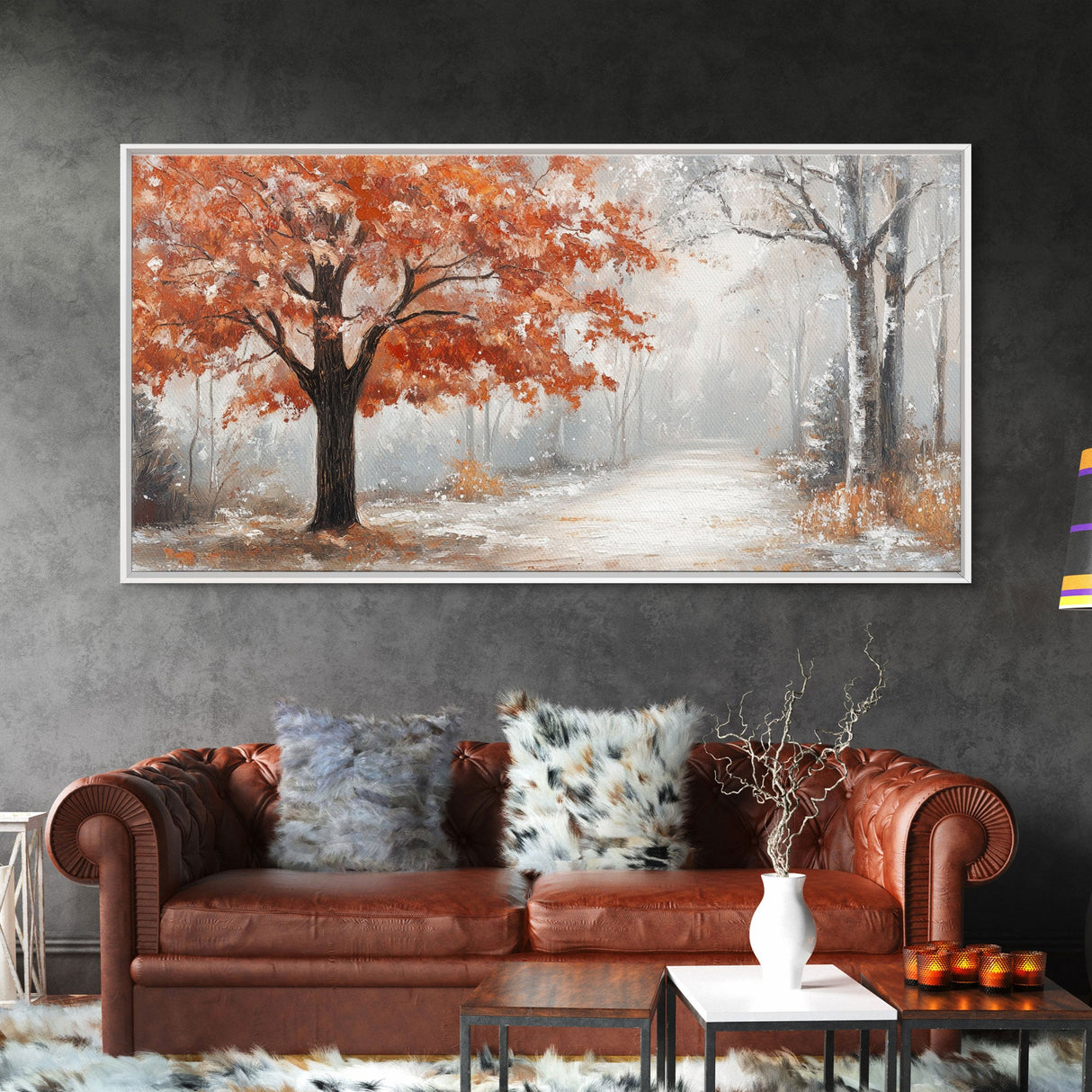 Misty Forest Path with Orange Leaves Framed Canvas Print, Ideal Autumn Decor or Fall Wall Art for Cozy Home Interiors