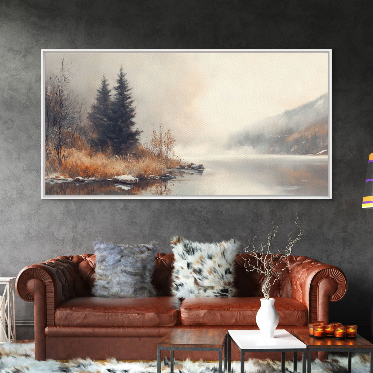 Fall On The River, Framed Canvas Print, Beautiful Watercolor Painting Of an Autumn Landscape, Ready To Hang Seasonal Decor