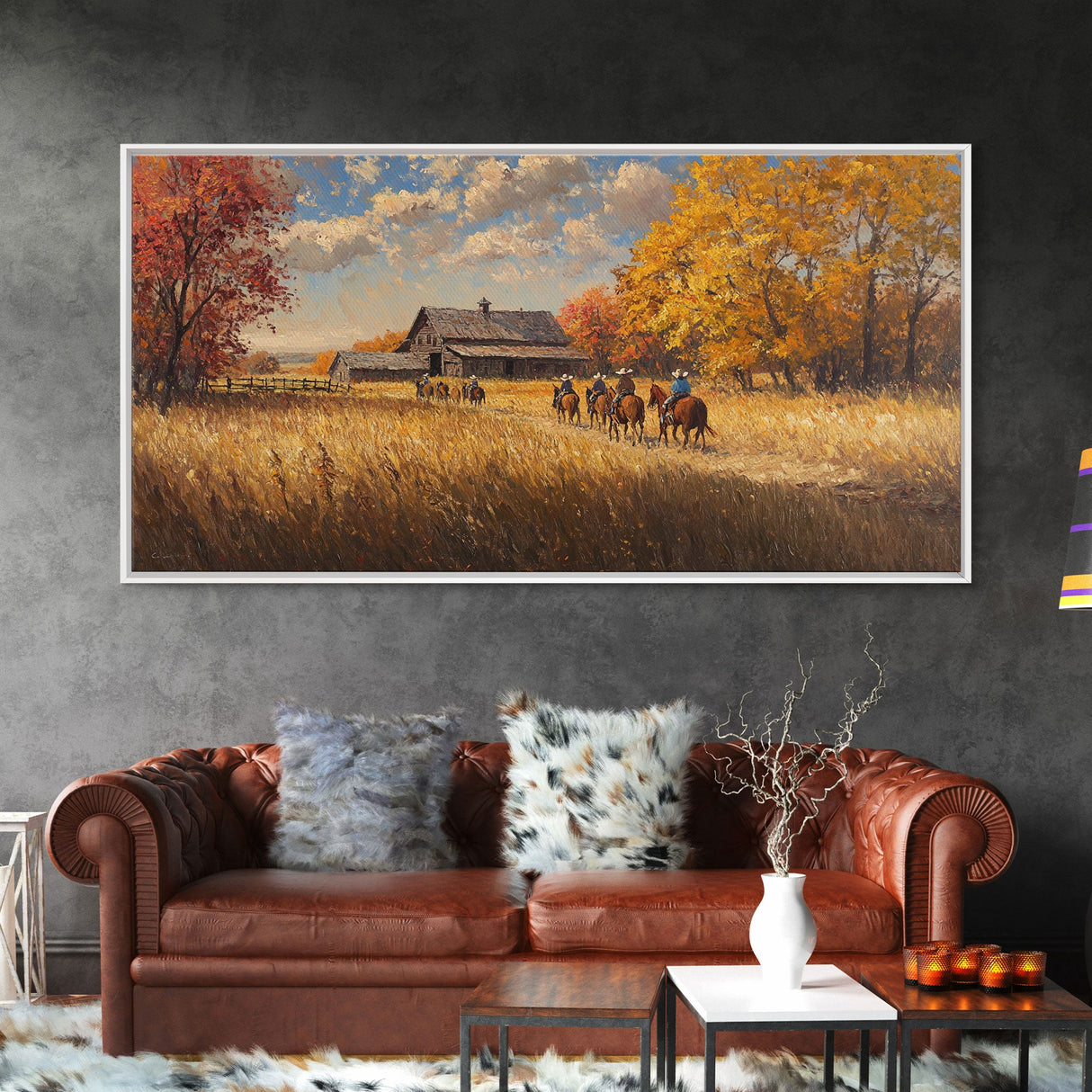 Horseback Riders In Autumn Near Barn, Rustic Fall Wall Art, Cozy Farmhouse Decor Framed Canvas Print, Harvest Time Country Art