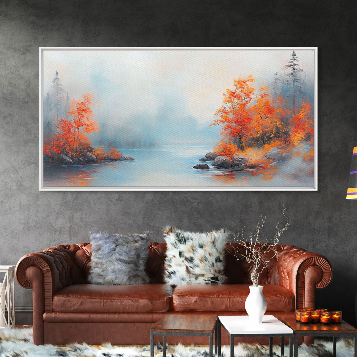 Fall On The Lake, Framed Canvas Print, Beautiful Seasonal Decor, Moody Landscape Painting