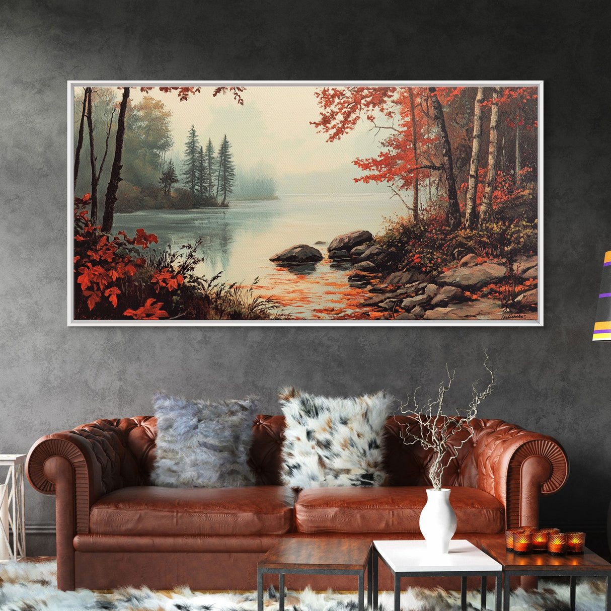 Fall On The River, Rustic Landscape Painting, Primitive Wall Art, Framed Canvas Print, retro festive holiday wall art Christmas decor