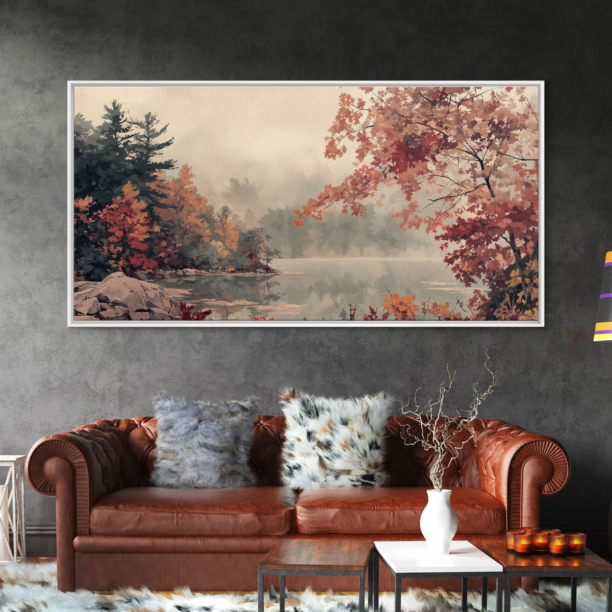Misty Lake and Autumn Trees Framed Canvas Print, Tranquil Landscape Art, Fall Nature Scene Wall Art, Seasonal Fall Decor, Gallery Wall