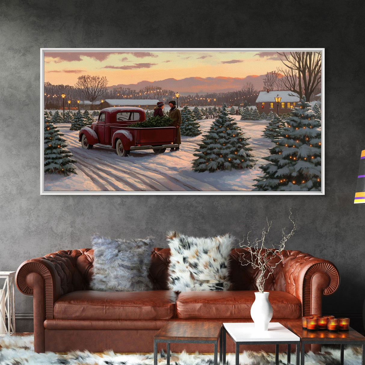 Christmas Tree Farm Framed Canvas Print, Red Truck Winter Scene, Farmhouse Christmas Decor, Christmas Vacation Decor, Holiday Art Gift