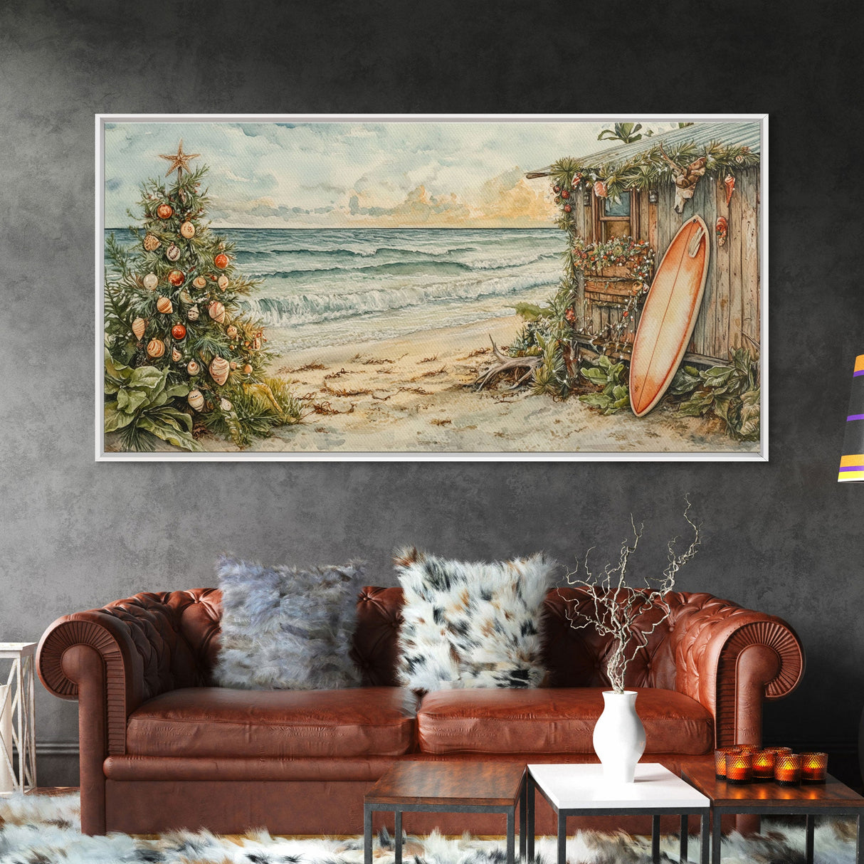 Christmas Tree Beside Rustic Beach House Coastal Holiday Scene Framed Canvas Print, Beach Christmas Wall Art And Decor