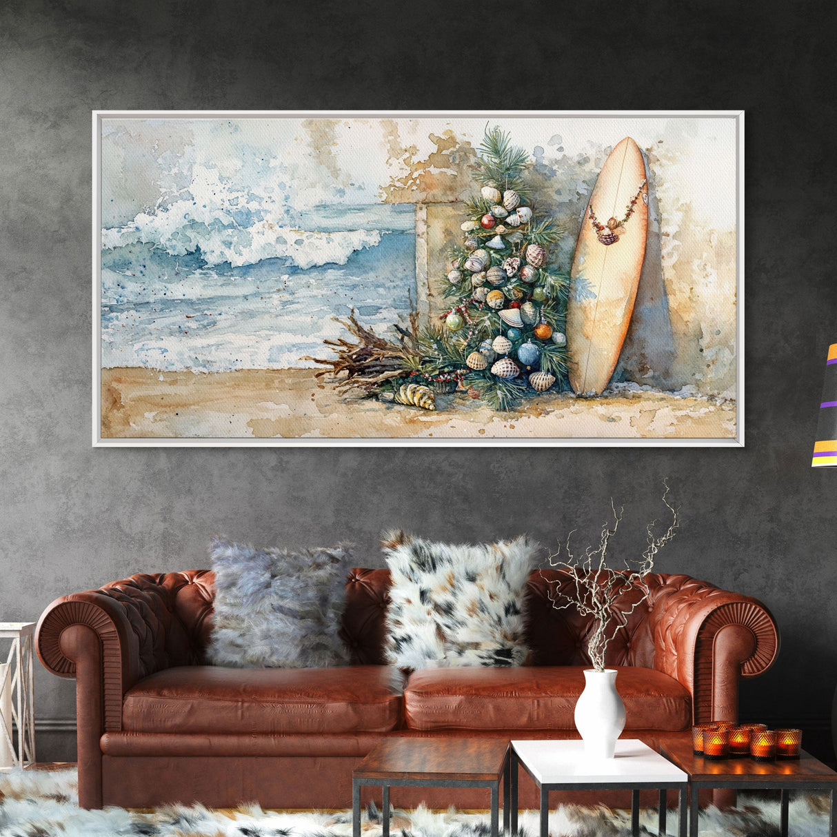Coastal Christmas Scene Surfboards Christmas Tree Framed Canvas Print, Beach Holiday Decor Wall Art With Surfing Theme