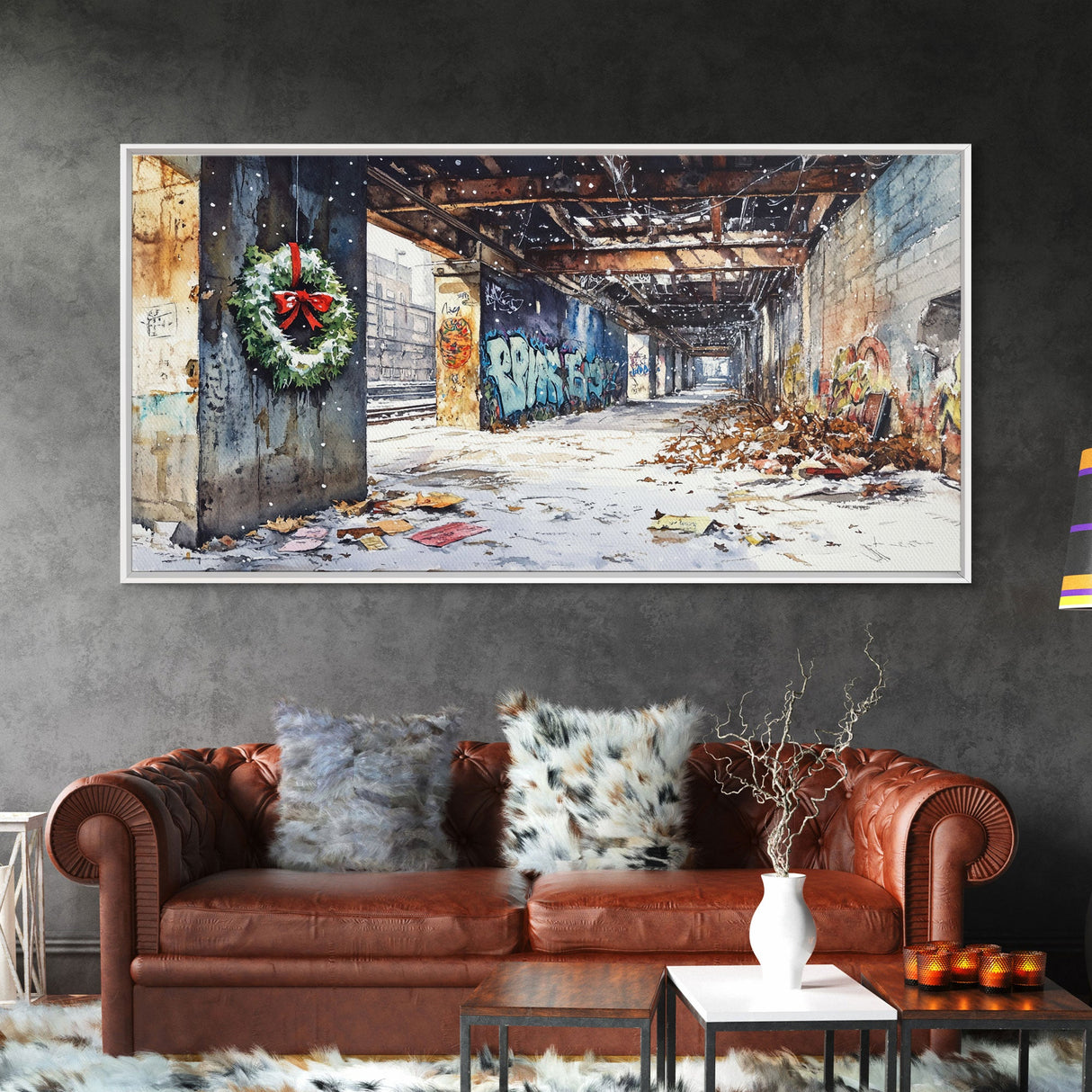 Rustic Urban Wreath Holiday Decor Framed Canvas Print, Christmas Scene with Snowfall and Graffiti Wall Perfect Holiday Wall Art