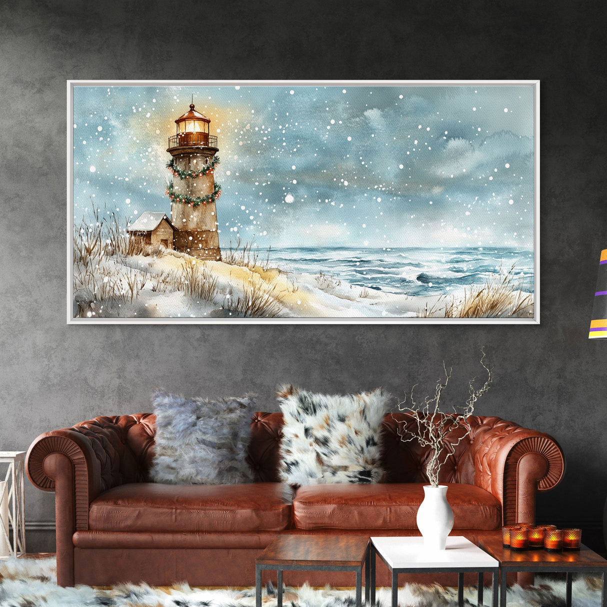 Coastal Christmas Lighthouse Decor Framed Canvas Print, Snowy Beach Scene with Holiday Wreath and Lighthouse Winter Wall Art
