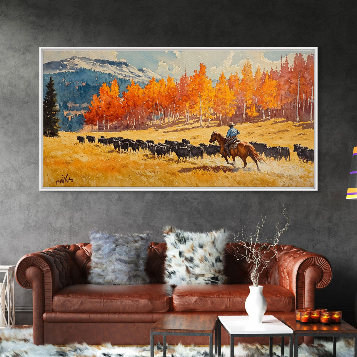 Cowboy Herding Cattle Under Mountains Framed Canvas Print Tall Art Autumn Country Landscape Fall Decor Western Wall Art Farmhouse Gift Idea