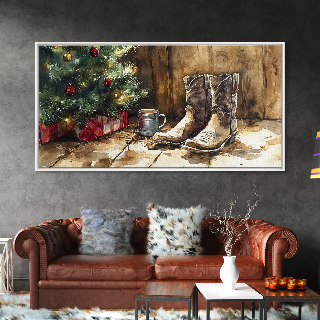 Christmas Cowboy Boots By Tree Framed Canvas Print Tall Art Rustic Western Christmas Decor Farmhouse Holiday Wall Art Cowboy Holiday Gift