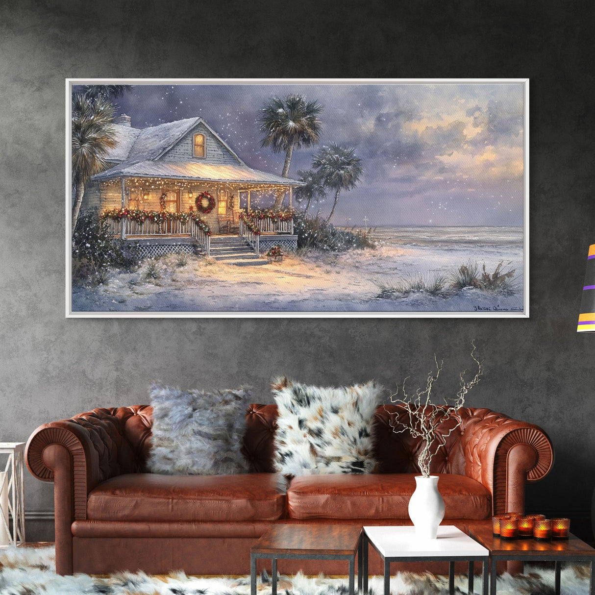 Christmas beach decor scene in tropical house with wreath and lights, Framed Canvas Print palm trees snow, winter art and holiday home decor
