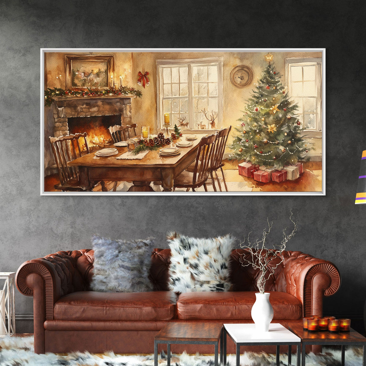 Rustic Christmas dining room scene with a Christmas tree, Framed Canvas Print with a festive table warm fireplace, farmhouse holiday decor