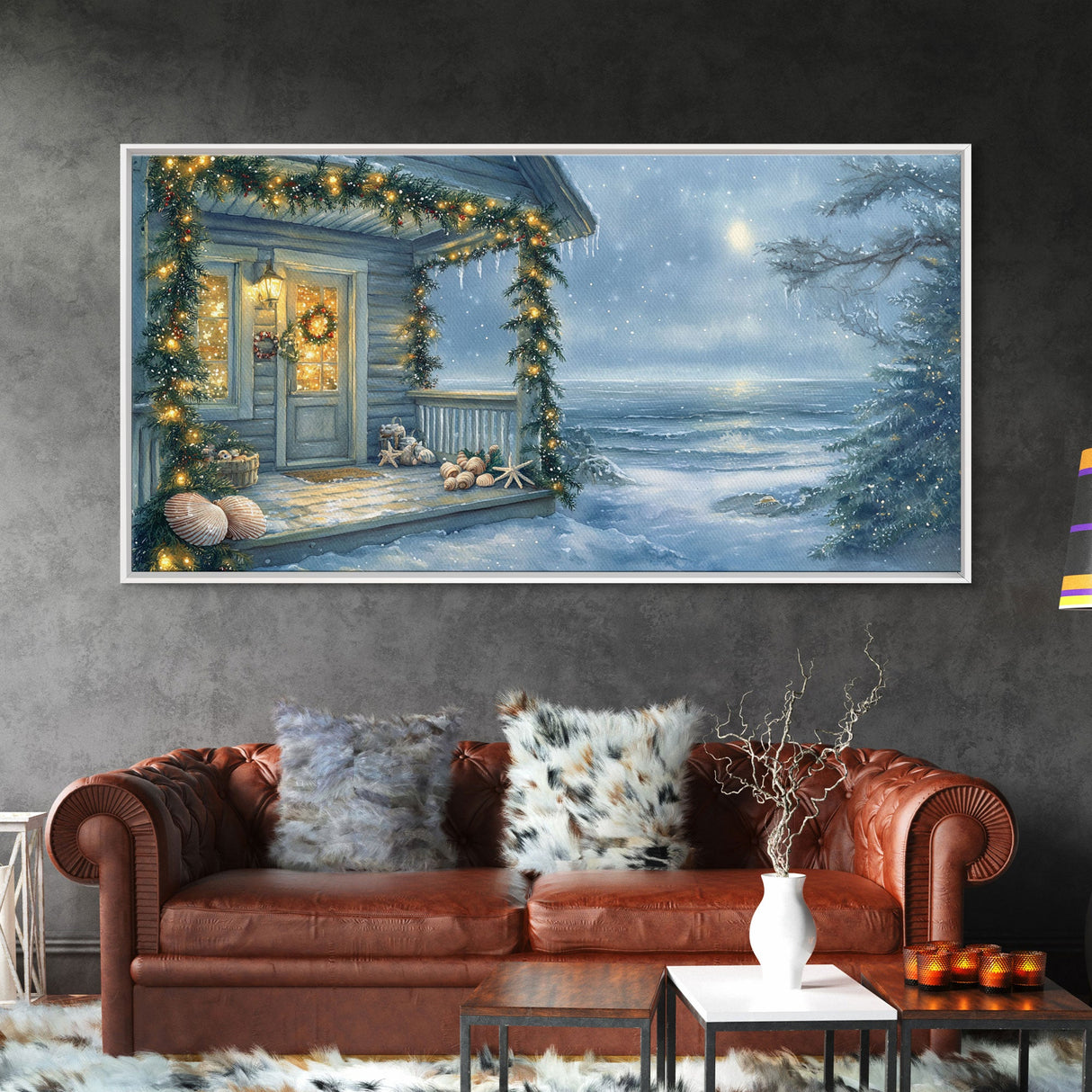Rustic snowy mountain cabin with Christmas lights, Framed Canvas Print a cozy winter scene, perfect for winter wonderland wall decor