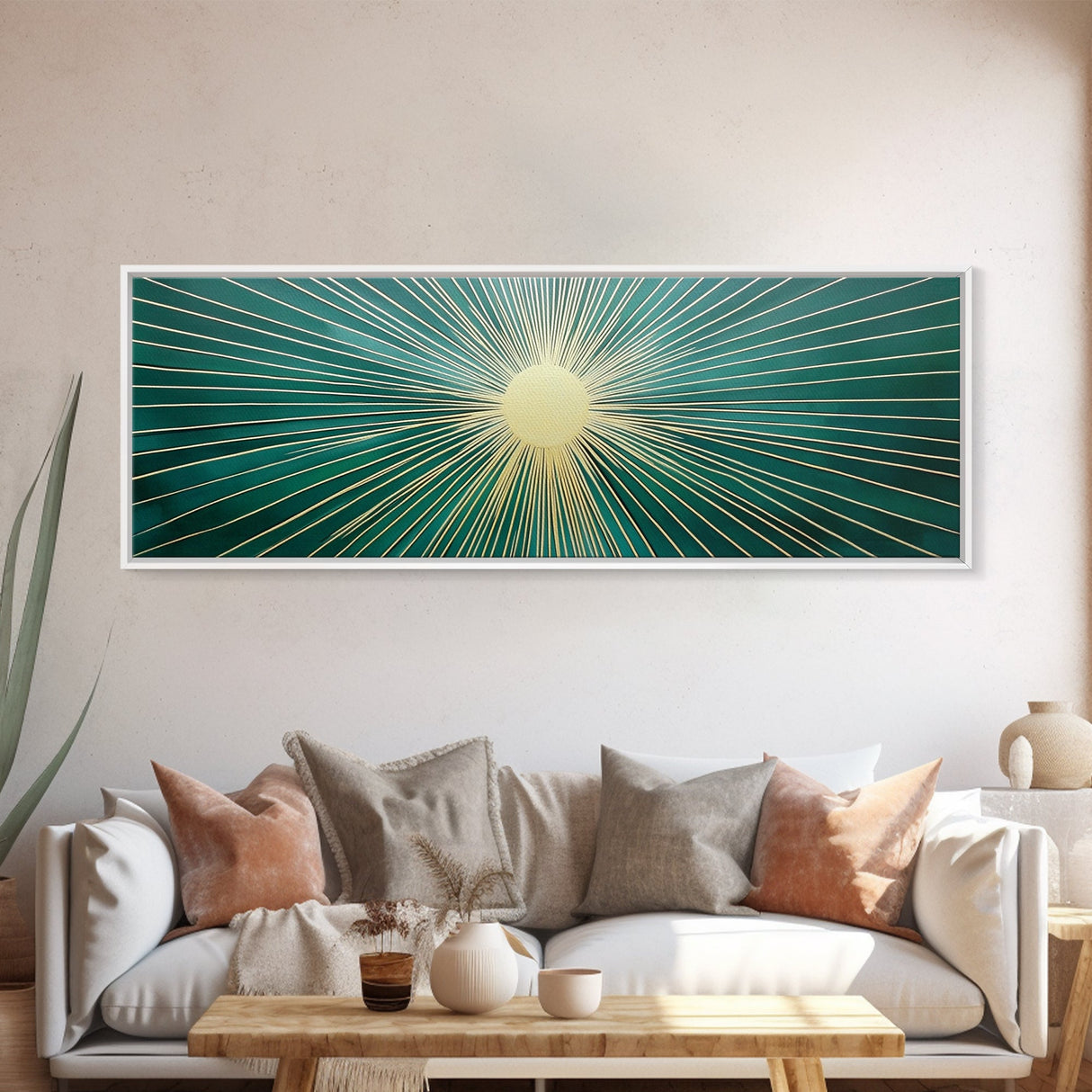 Boho Sunburst Canvas Print, Retro Vibes, Eclectic Wall Art, Large and Wide Horizontal Panoramic Framed Canvas, Minimalist Above Bed Decor