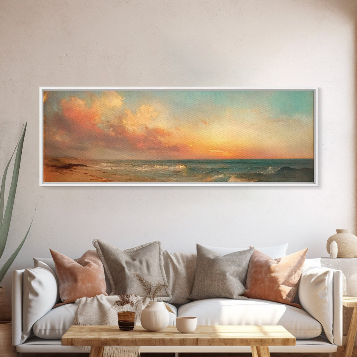 Moody Beach Seascape Painting Print, Wood Framed Wall Art, Canvas Art, Beach Painting, Beach at Sunset, Above Sofa Boho Wall Decor
