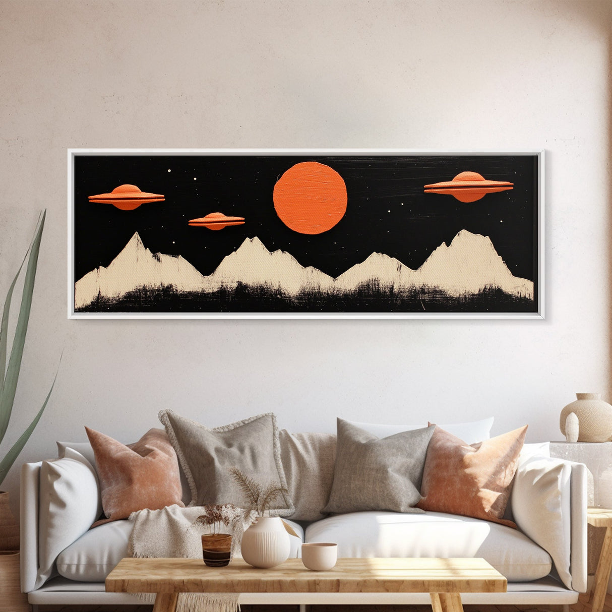 Cute Nursery Decor - Boy's Room Wall Art - Panoramic Flying Saucers or UFOs Art Print - Framed Canvas