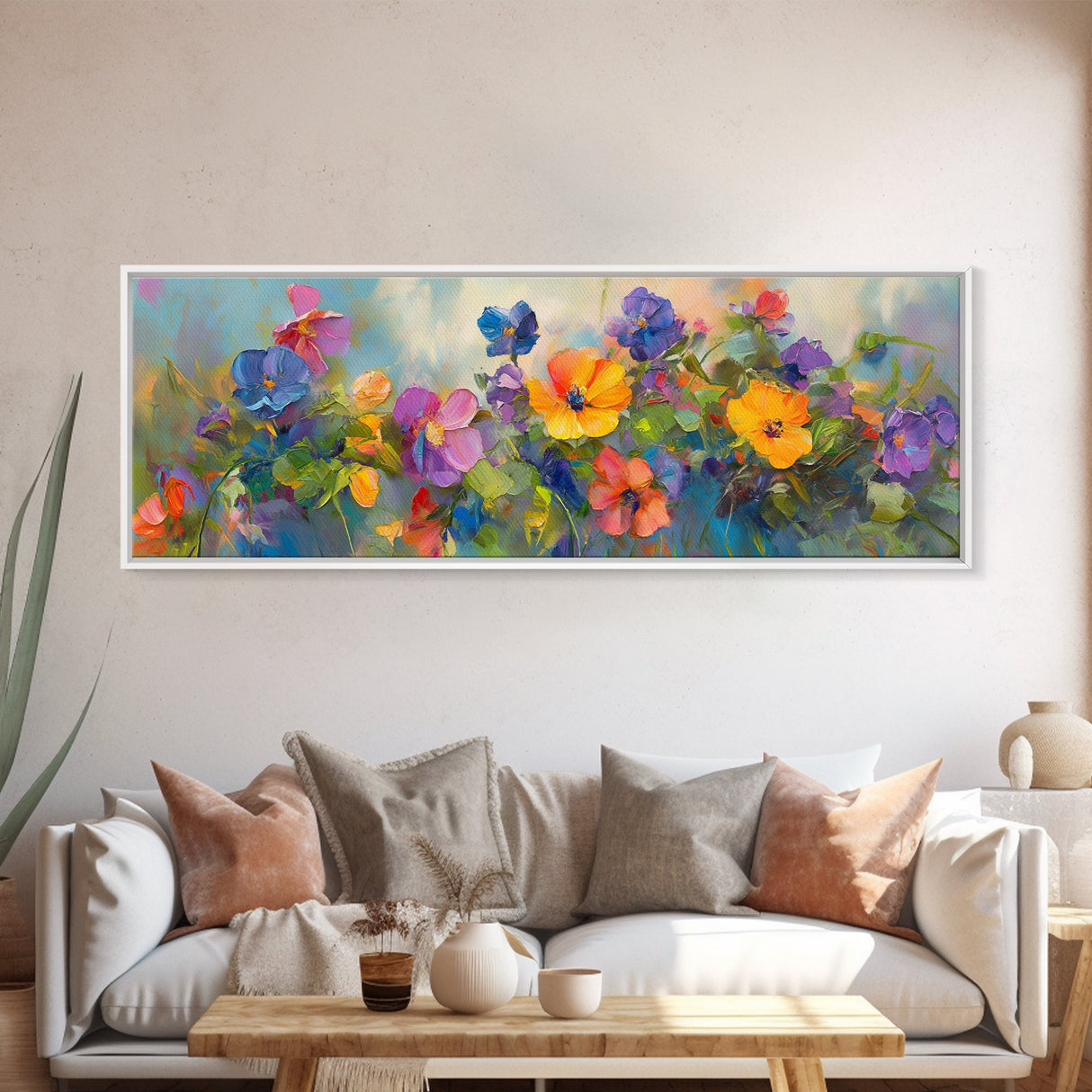 Wildflowers Field Framed Canvas Print Oil Painting, Long Horizontal Art, Vintage Spring Meadow Landscape, Panoramic Landscape Print