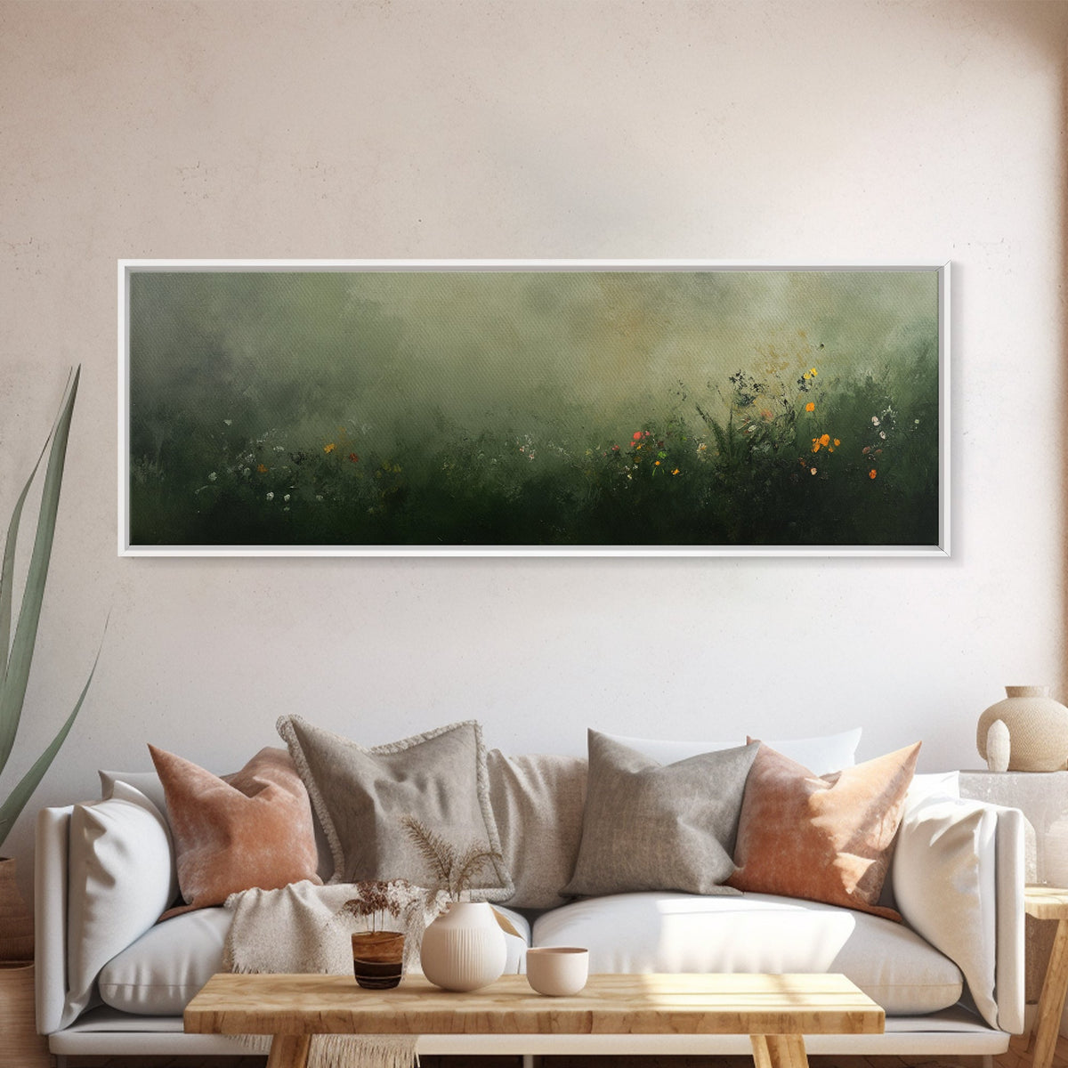 Fog Over The Wild Flowers Framed Canvas Print, Moody Muted Decor, Panoramic Painting Wall Art, Living Room Decor