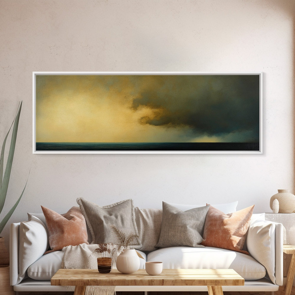 Storm On The Bay Framed Canvas Print, Dark and Moody Home Decor, Dark Art, Wood Framed Abstract Seascape Painting