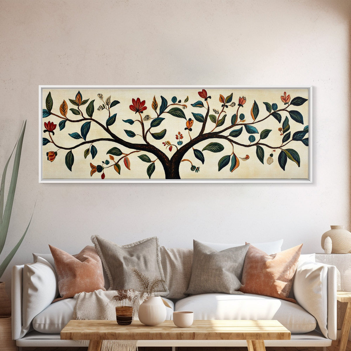 Wabi Sabi Inspired Botanical Print, Panoramic Canvas Art, Boho Style Textile Wall Art Print, Above Bed Or Sofa, Guest Room Decor