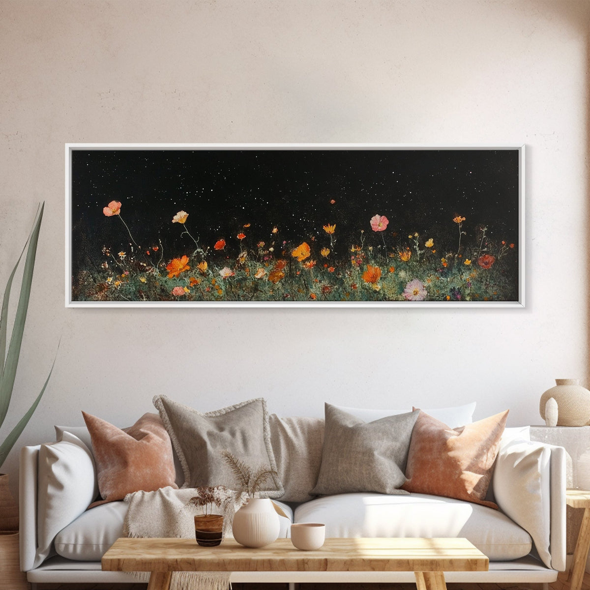 Dark & Moody Wild Flowers Under a Full Moon, Framed Canvas Print, Panoramic Extra Wide Wall Art, Oversized Home Decor, Modern Farmhouse Art