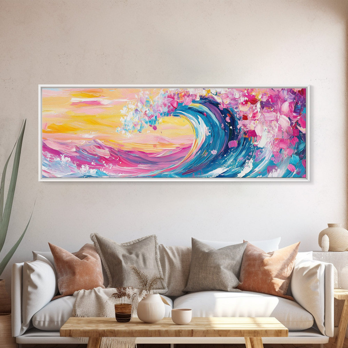 Rainbow Waves, Pink and Turquoise Ocean Waves Framed Canvas Print, Eclectic Kitsch Decor, Retro Farmhouse Wall Art