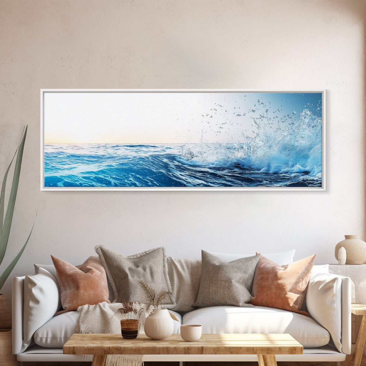 Splash of Waves In The Ocean, Framed Canvas Print, Nautical Seascapes Wall Art