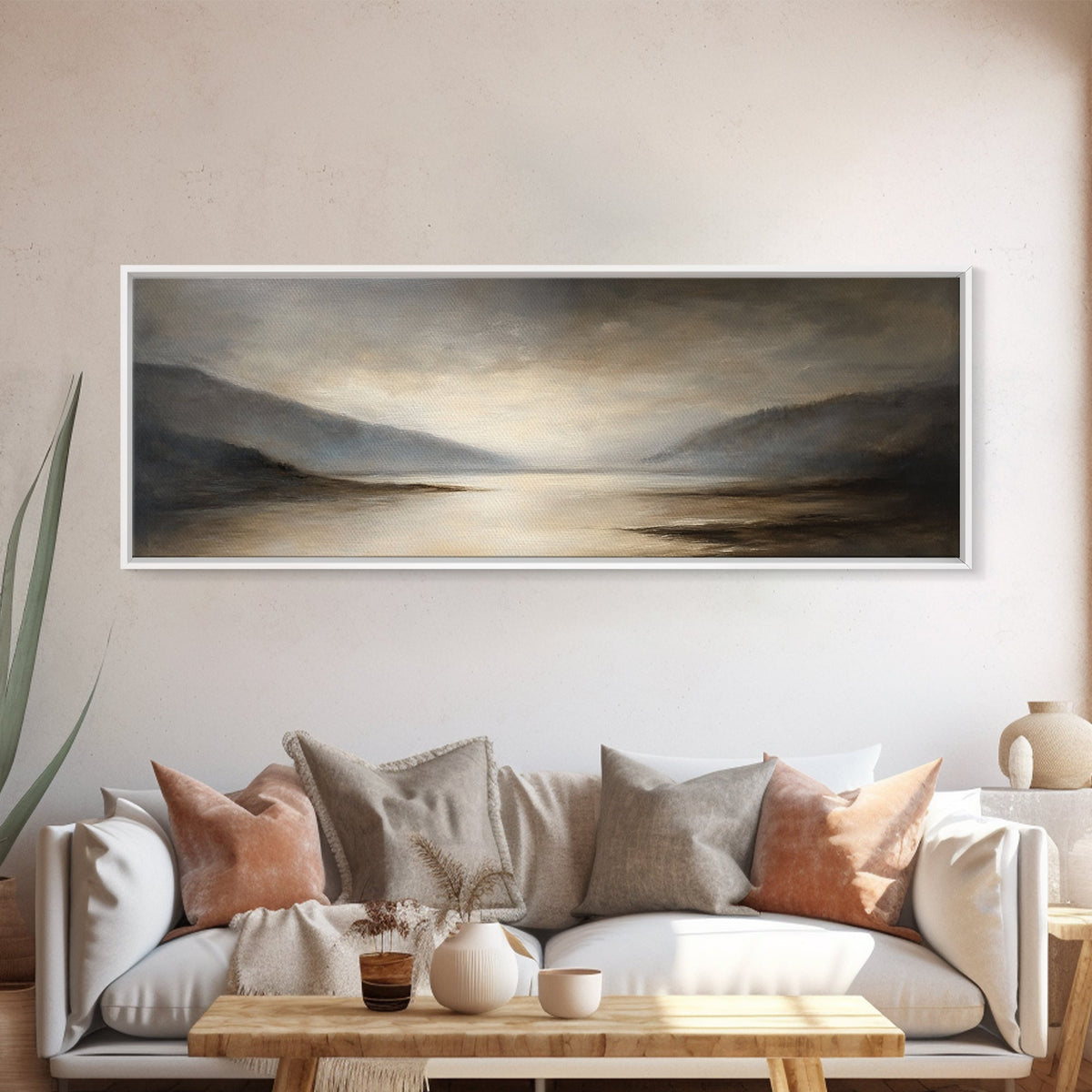 Moody Seascape Wall Art, Framed Canvas Print, Horizontal Panoramic Wall Art, Cloudy Day, Large and Wide Calm Decor, Modern Wall Art