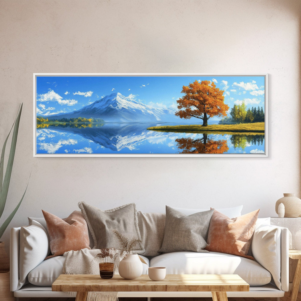 Large Framed Landscape Art | Reflections In The Lake | Panoramic Landscape Painting Framed Canvas Print | Canvas Wall Art