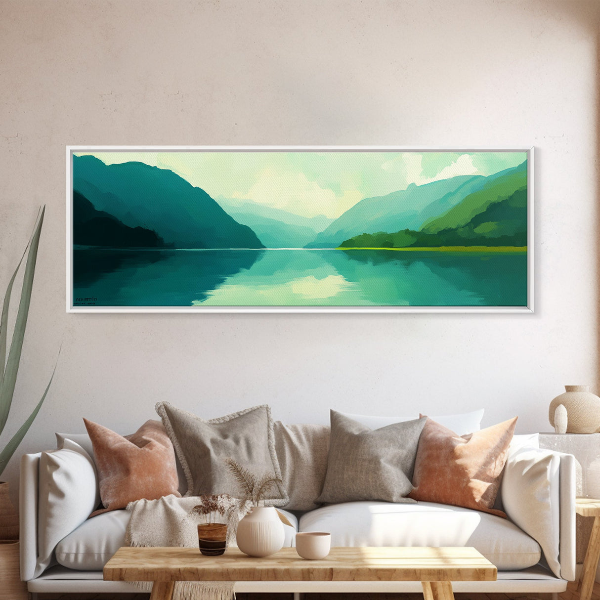 Jade Green Landscape Painting Print, Panoramic Lake Painting, Minimalist and Muted Home Decor, Emerald Green Landscape Art