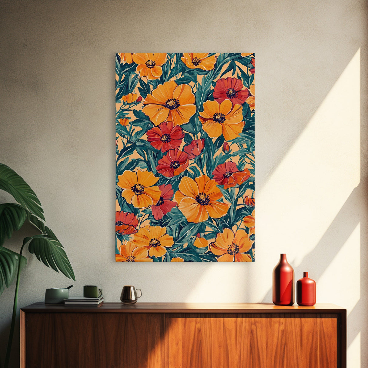 Orange and Red Flower Print, Canvas Print, Wood Frame Art, Large Wall Art, Abstract Botanical or Floral Wall Art, Custom Painting For Living Room