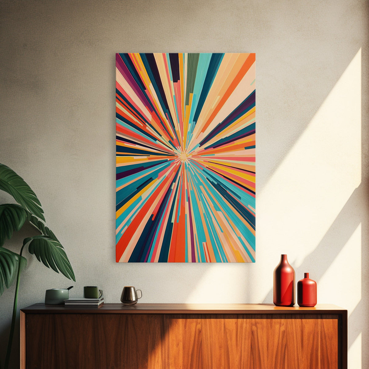 MCM Mid Century Modern Retro Canvas Print Modern Wall Art Narrow Vertical Geometric Home Decor Art in Teal, Coral Yellow