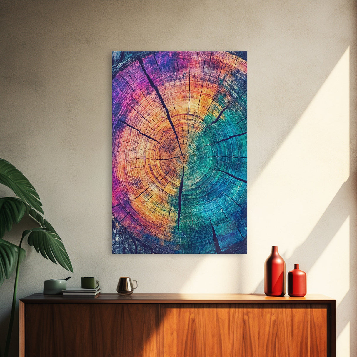 Cross Section Of Tree Rings, Rainbow Eucalyptus Print, Wood Framed Canvas Art, Colorful Abstract Modern Art, Boho Chic Cabin Decor, Eclectic Art