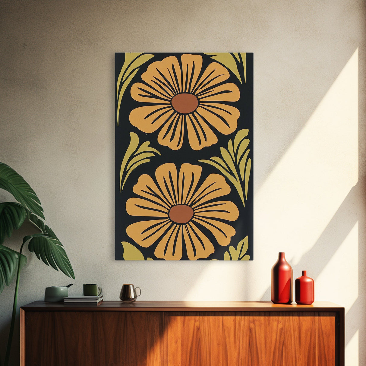 Mid-Century Modern Abstract Flowers, Framed Canvas Print, Style 1