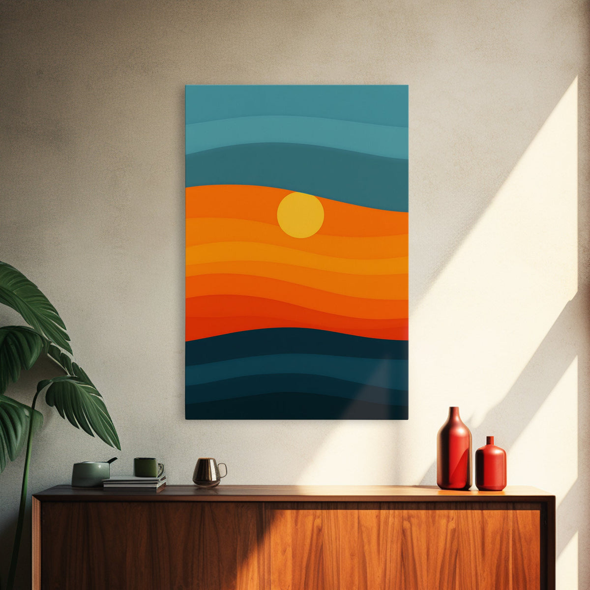 MCM - Mid Century Modern Framed Canvas Print of a Sunset, Gradient Painting Print, Vintage Landscape Art