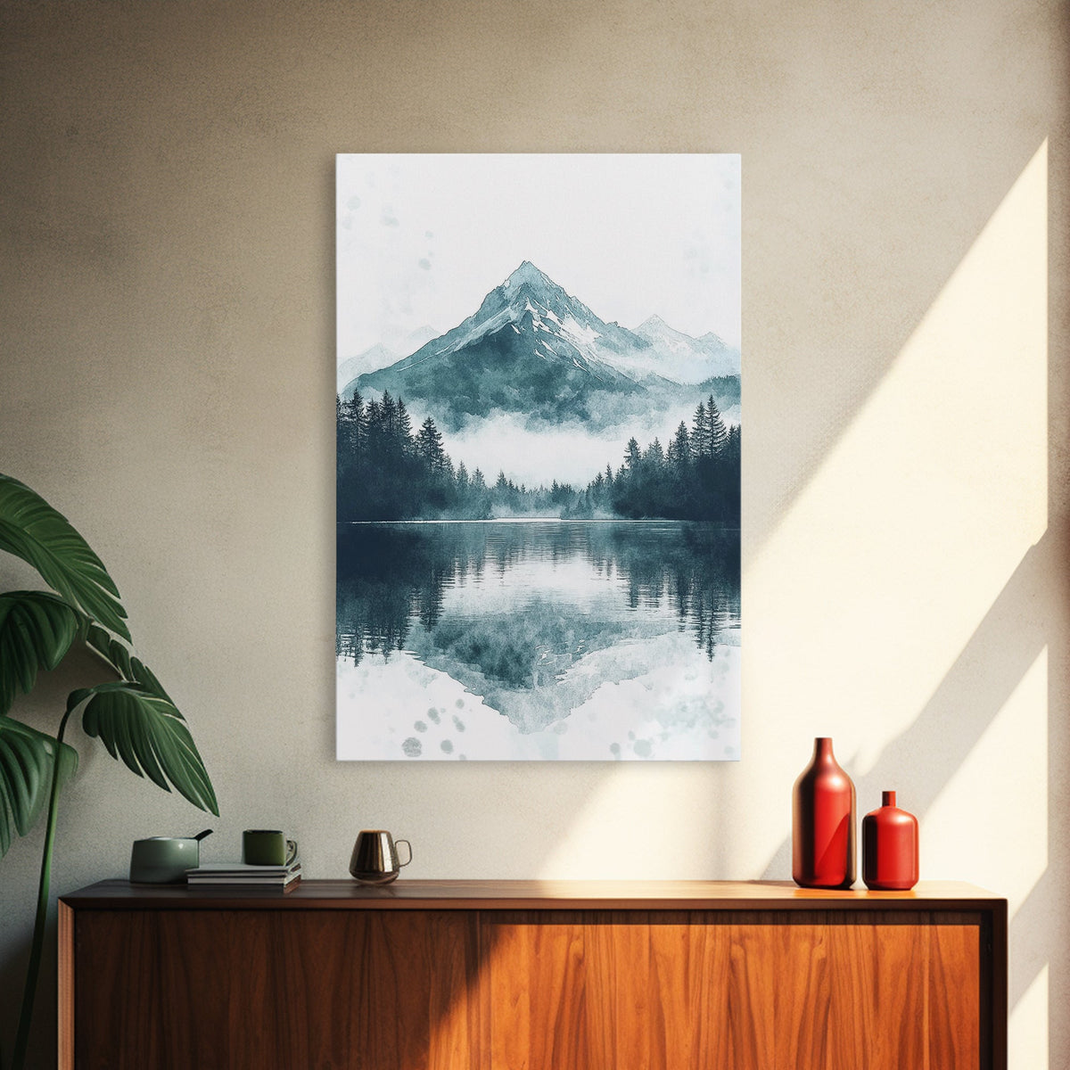 Fog In The Mountains, Framed Canvas Print, Pacific Northwest, Cascade Mountains, Emerald Green Landscape Painting, Boho Decor