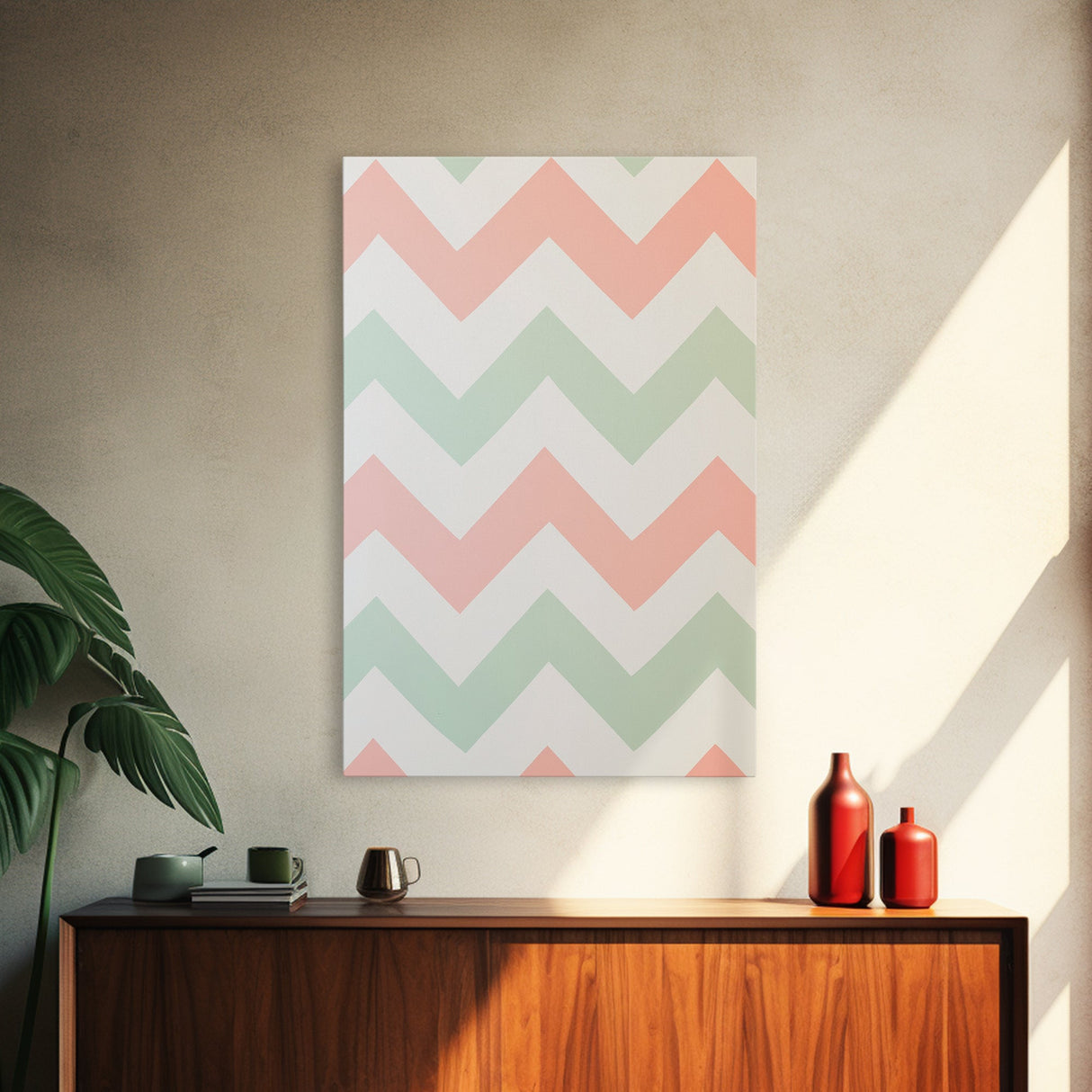 Mint Green and Pink Chevrons, MCM style Mid Century Modern Home Decor, Framed Canvas Print, Whimsical Wall Art