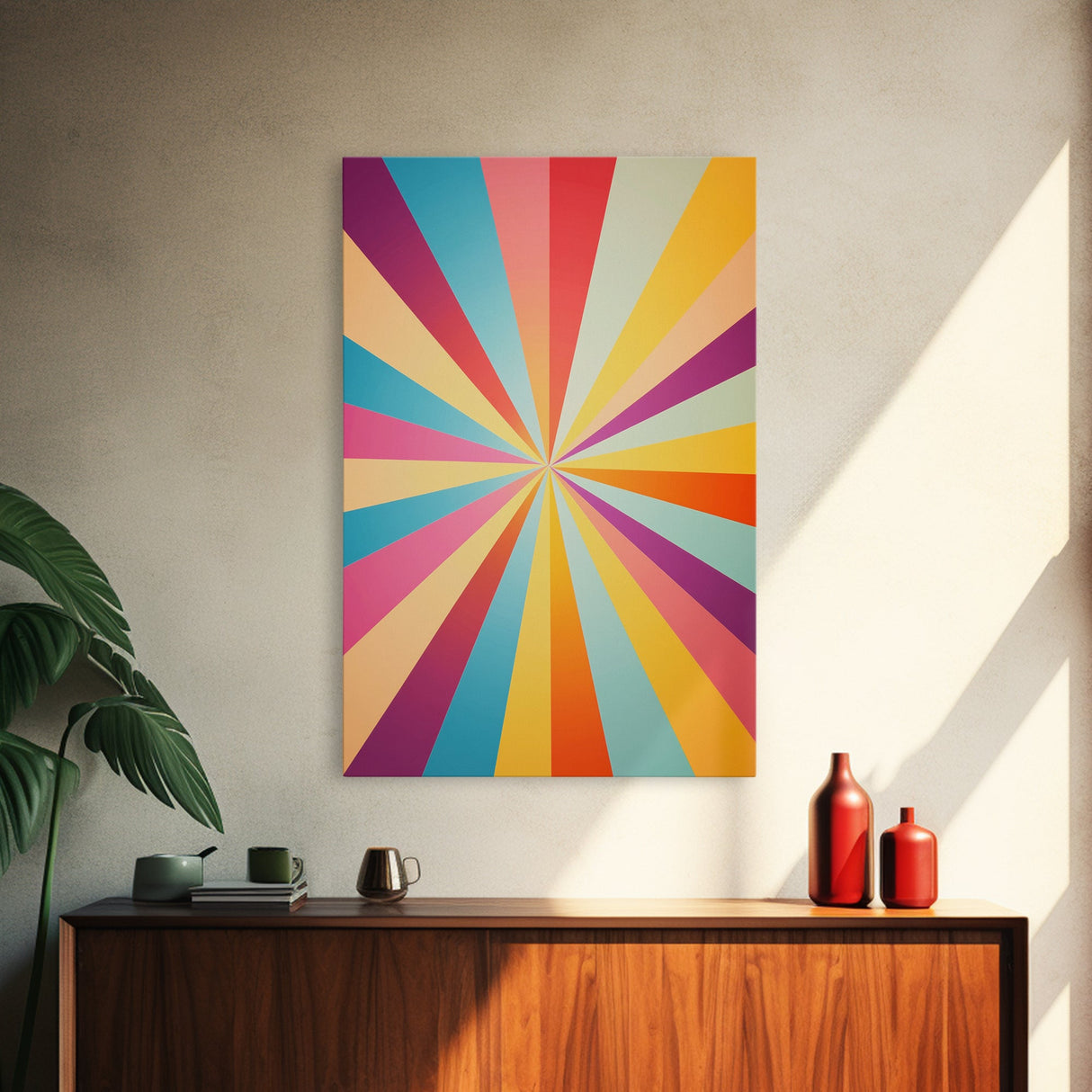 Quill Grey, Saffro Yellow, Rouge and Turquoise Mid Century Modern Wall Art, Star Burst Light Speed Tunnel, Boho Abstract Home Decor
