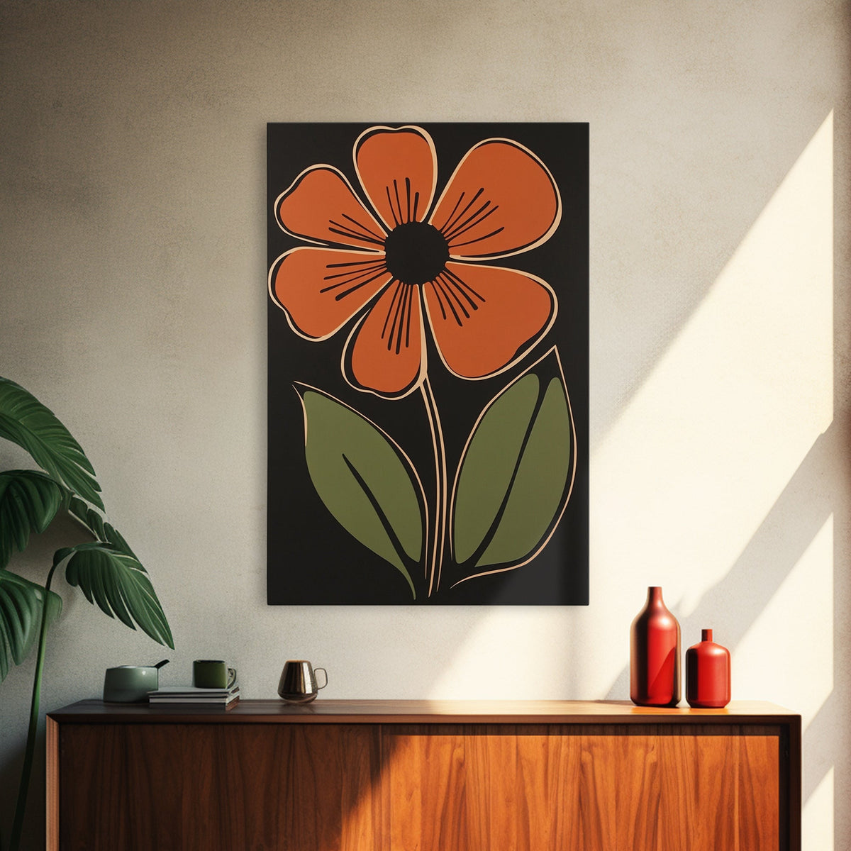 Mid Century Modern Floral Print, Orange Flower on Black Background, Framed Canvas Print