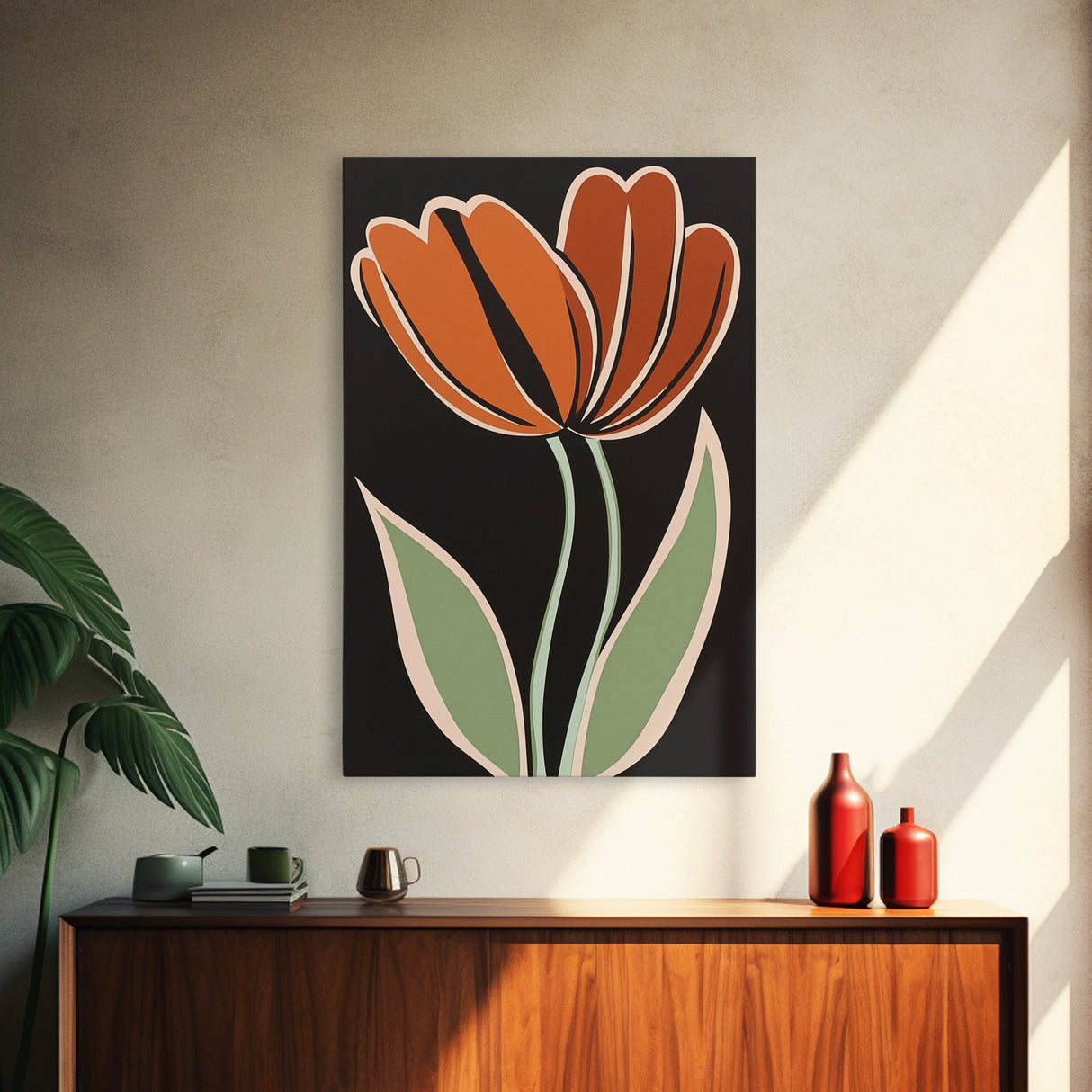 Orange Tulip with Black Background, Framed Canvas Print, Cute Floral Print, Botanical Minimalist Home Decor