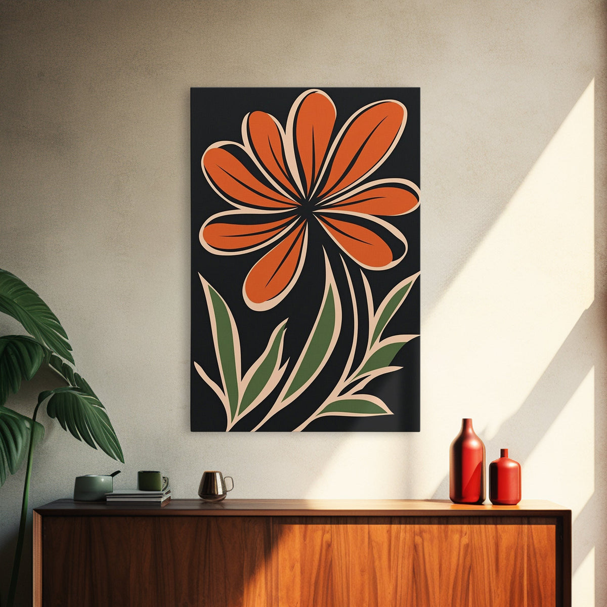 Framed Canvas Wall Art Abstract Botanical Floral Print, Boho Mid-century Modern Floral Canvas Print, Minimalist Boho Modern Art
