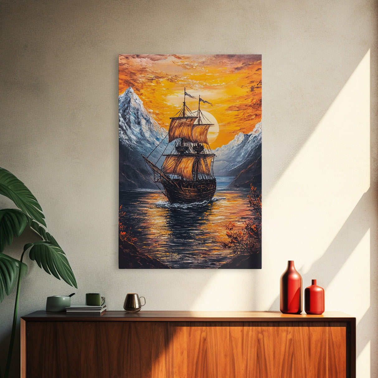Pirate Ship Sails At Sunset, Nautical Wall Art, Fantasy Decor, Pirate Themed Art, Oil Painting, Fantasy Wall Art, Fantasy Decor