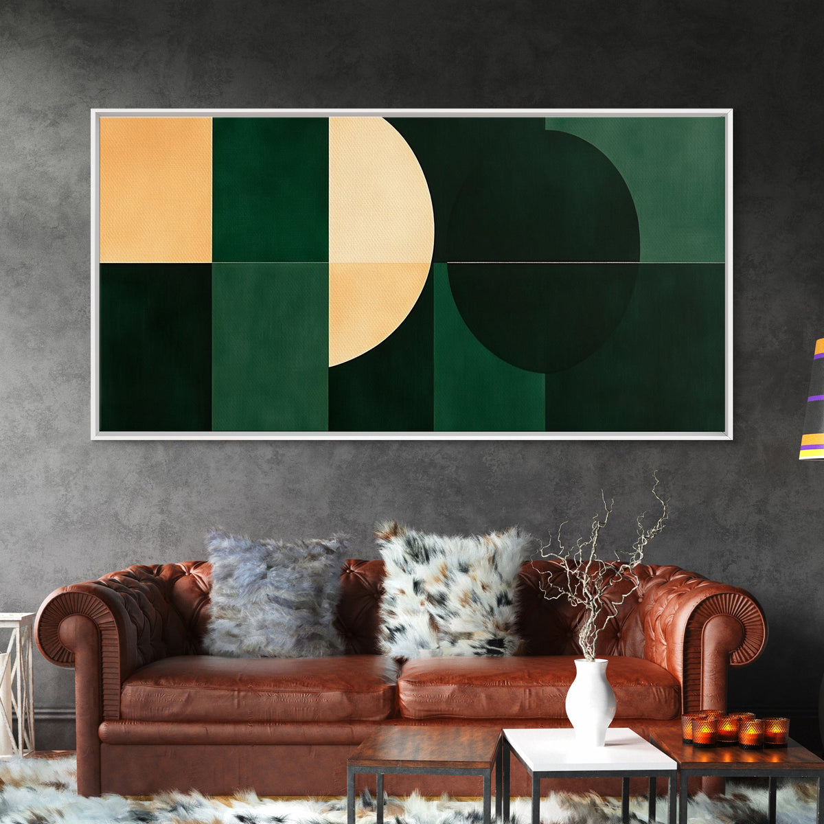 Extra Large Horizontal Emerald Green Geometric Mid Century Modern Wall Art, Framed Canvas Print