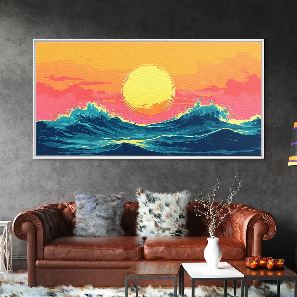 Synthwave Sunset Over Ocean Waves, Framed Canvas Print, Retro 80s Inspired Home Decor Wall Art