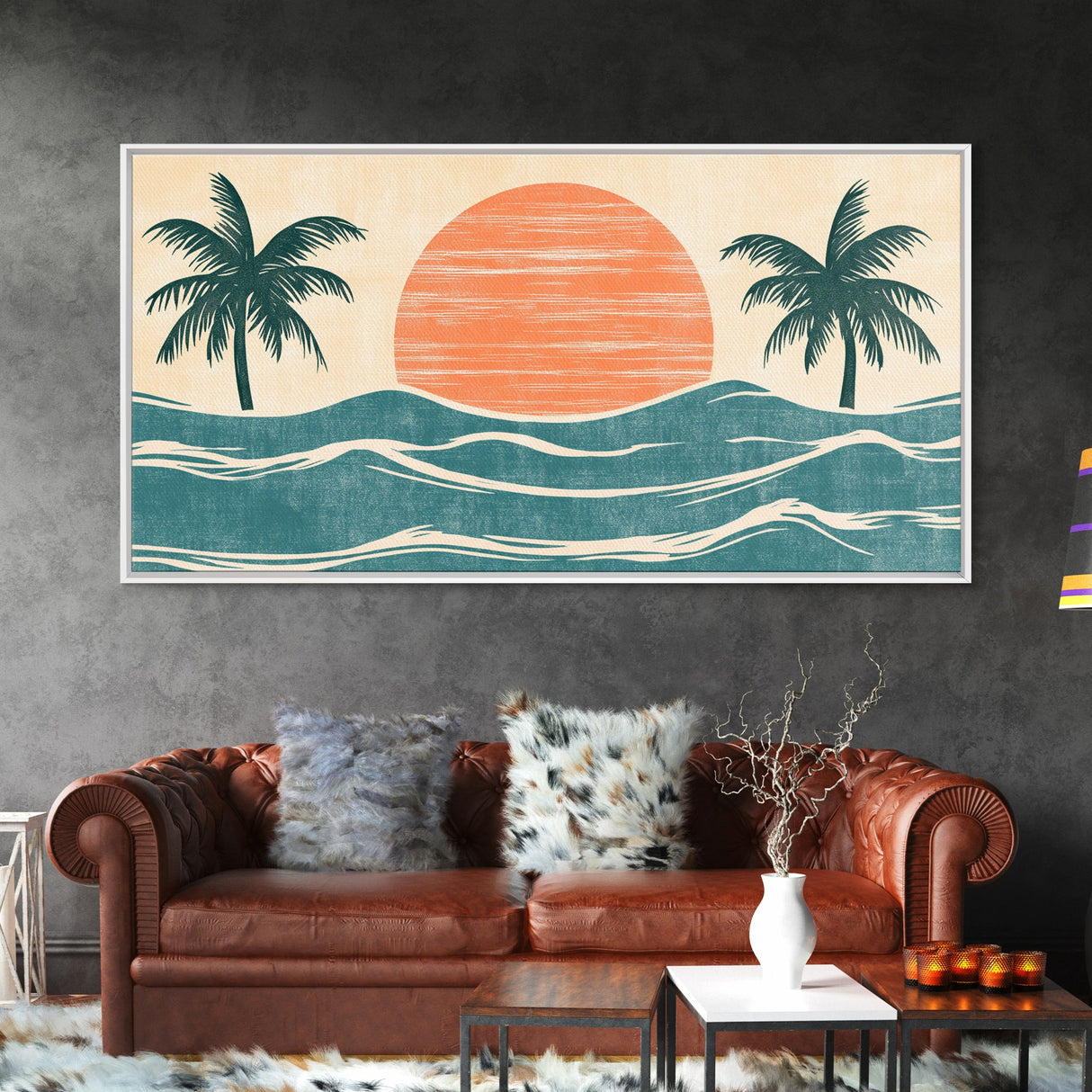 Japanese Wood Block Print Style Sunset and Palm Trees, Framed Canvas Print, Boho Style, Minimalist home Decor