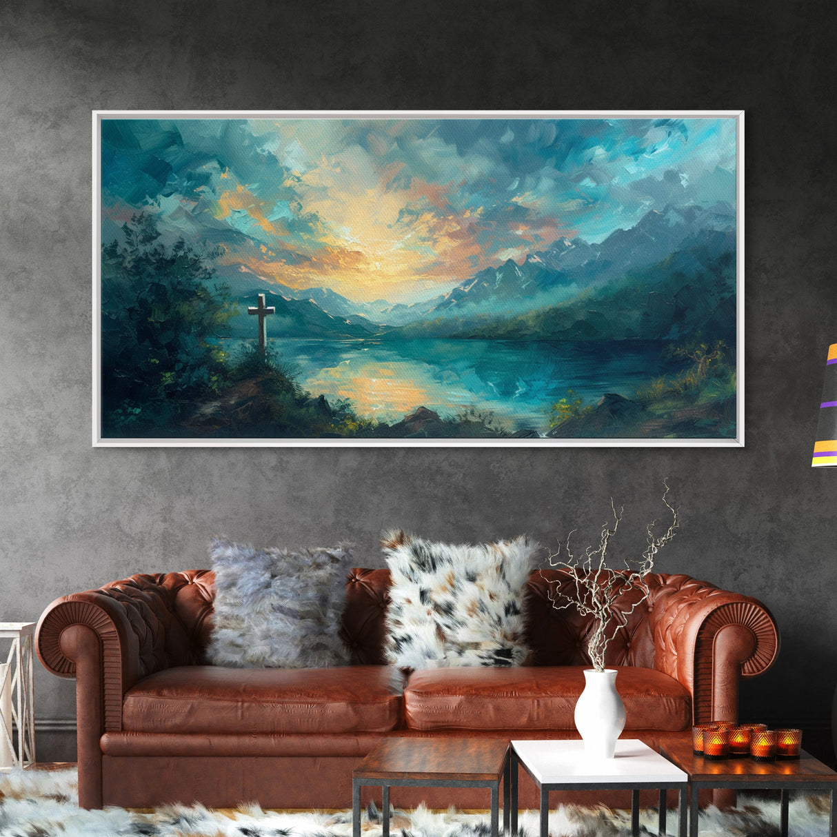 Painting Of a Cross And a Beautiful Landscape, Framed Canvas Print, Christian Wall Art