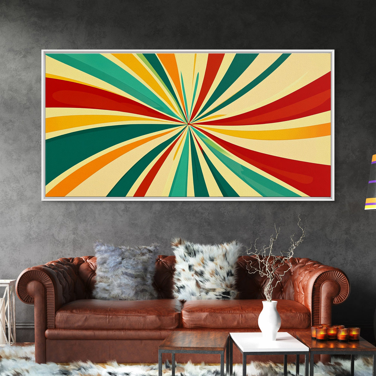 Large Colorful Abstract Print Painting With Yellow, Turquoise and Red Streaks, MCM Style Decor, 1950s Style Atomic Age Art
