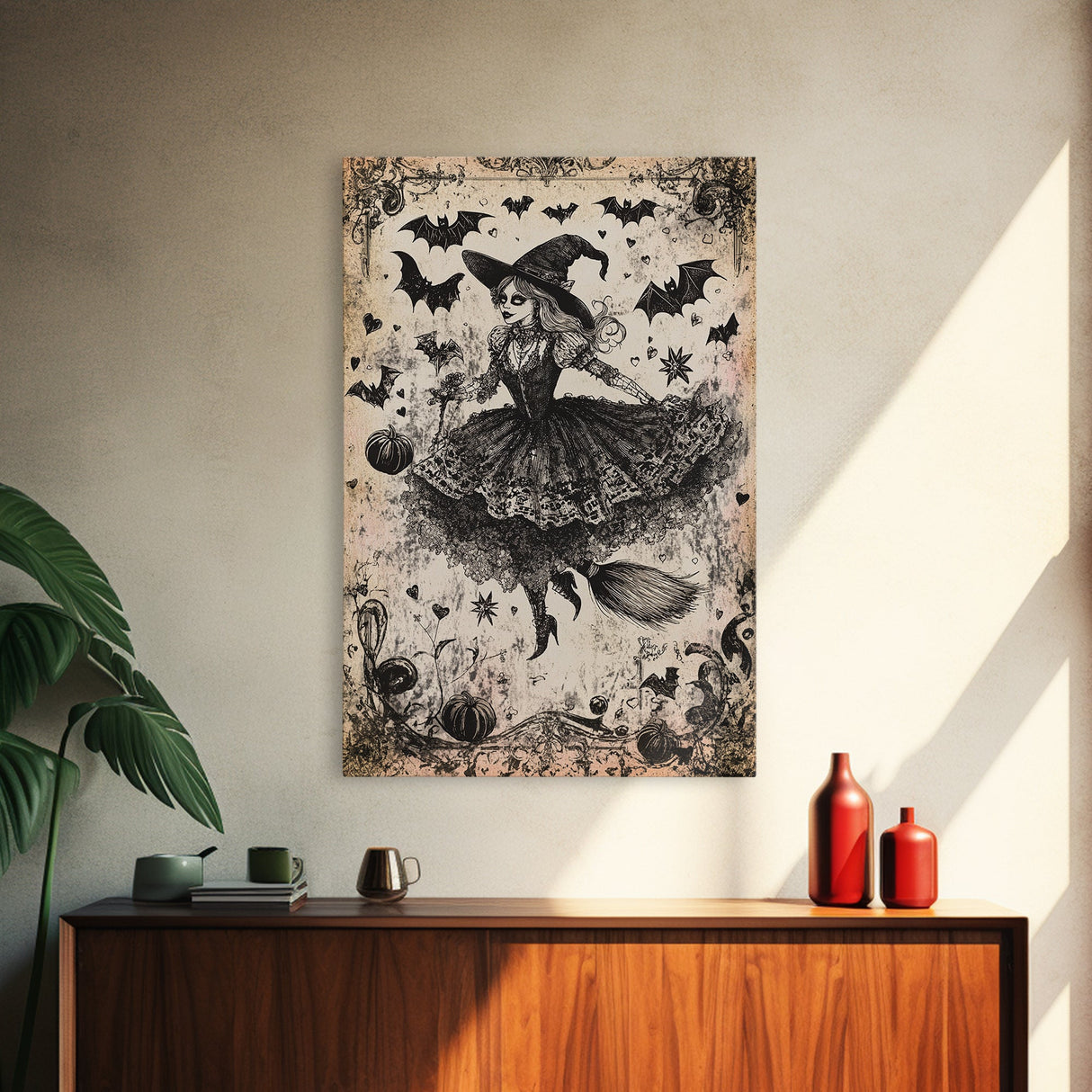 Spooky Season Halloween Witch, Witchy Decor Canvas Print, Black and White Witch Painting Print, Charcoal Sketch Of a Witch