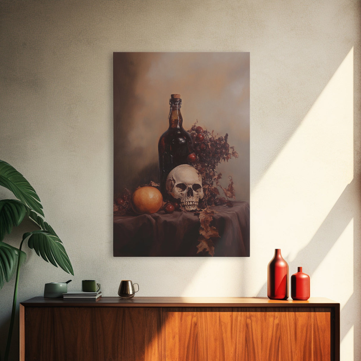 Still Life of a Skull and Wine Framed Canvas Print, Oil Painting Print, Gothic Decor, Dark Academia Macabre Halloween Wall Art, Witchy Decor