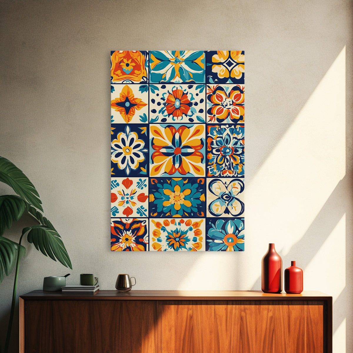 Textile Wall Art, Mexican Tile Canvas Print, Framed Wall Art, Mexicano Style Decor, Chicano Art, Textile Painting Wall Art
