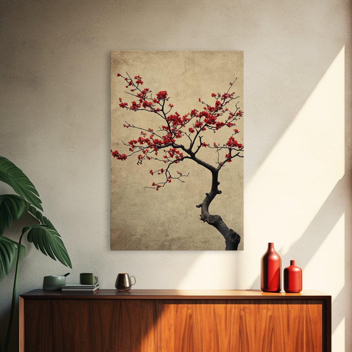 Japanese Maple Tree in Spring, Framed Canvas Print, Cherry Blossoms Painting, Wood Framed Living Room Art, Minimalist Decor